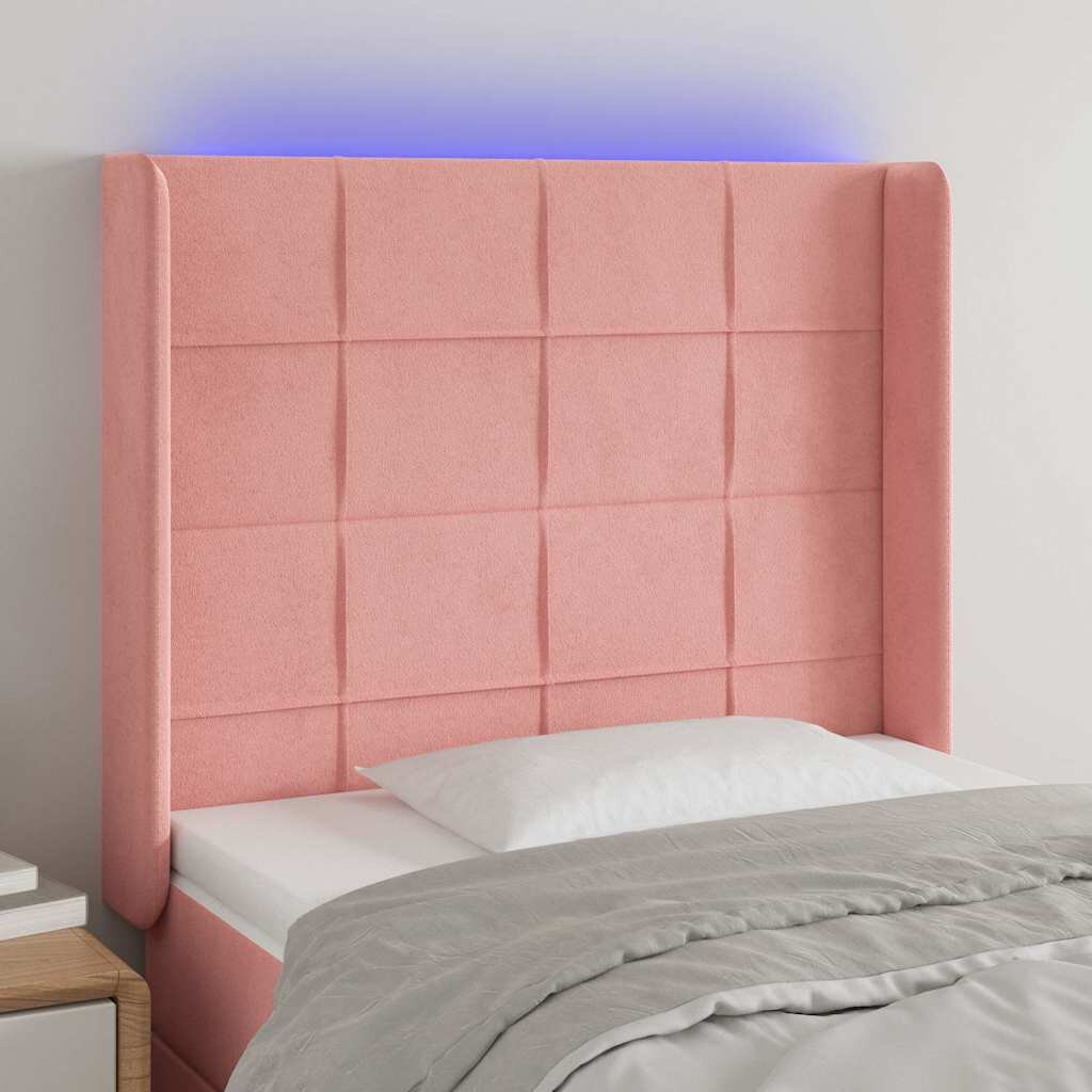 vidaXL LED горна табла за легло розова 103x16x118/128 см кадифе
