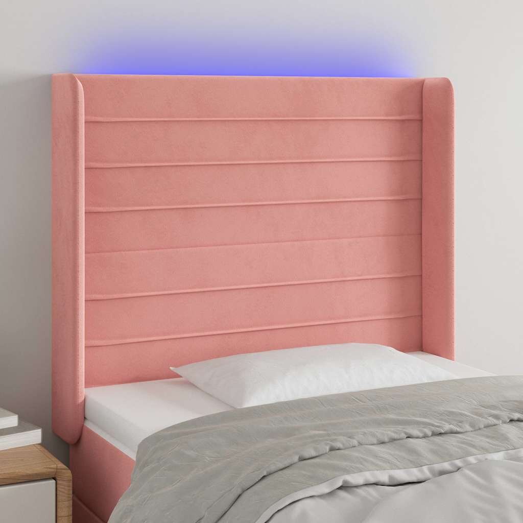 vidaXL LED горна табла за легло розова 103x16x118/128 см кадифе