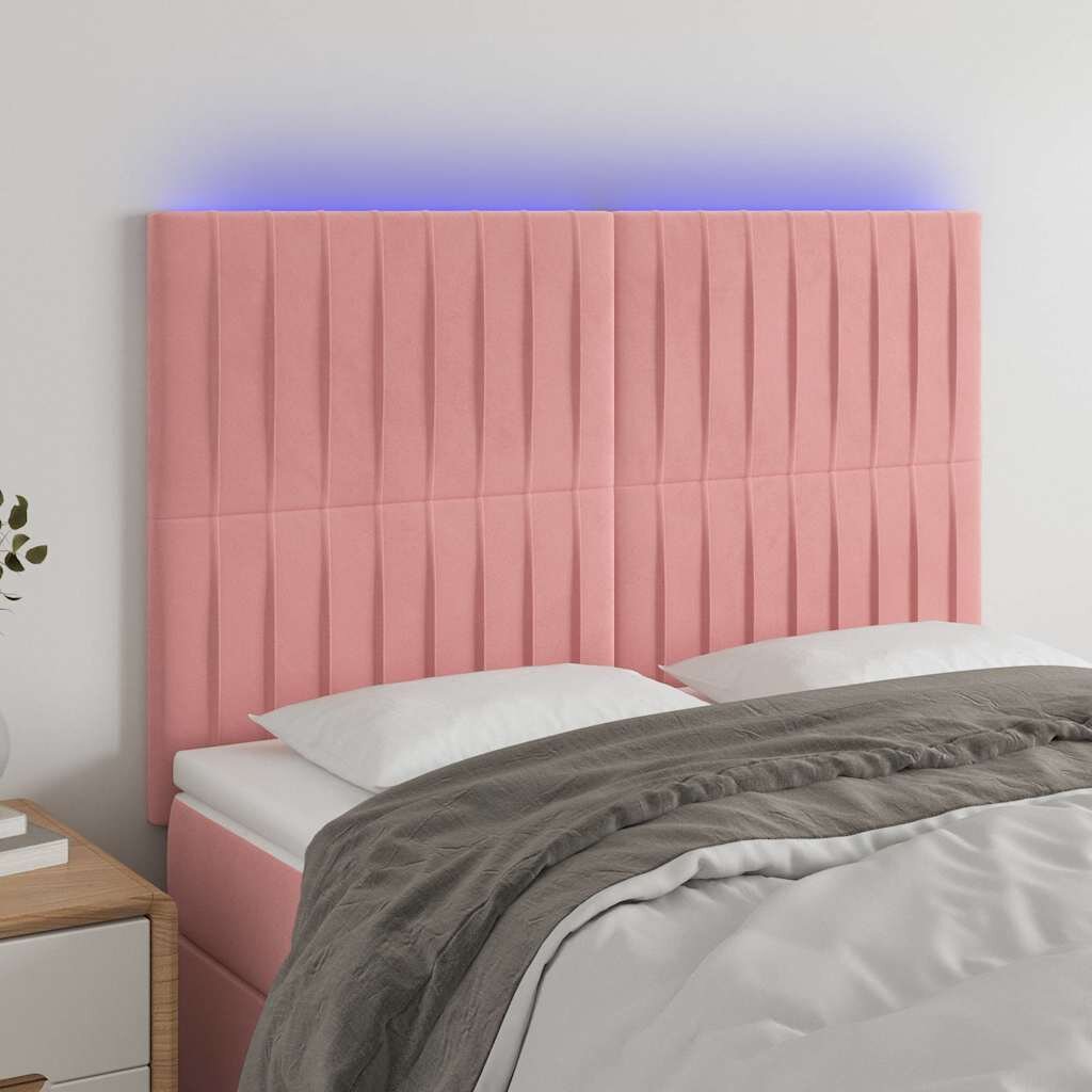 vidaXL LED горна табла за легло розова 144x5x118/128 см кадифе