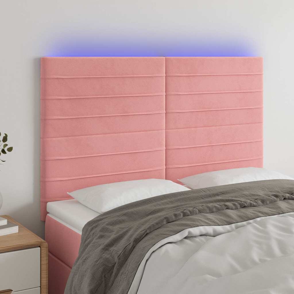 vidaXL LED горна табла за легло розова 144x5x118/128 см кадифе