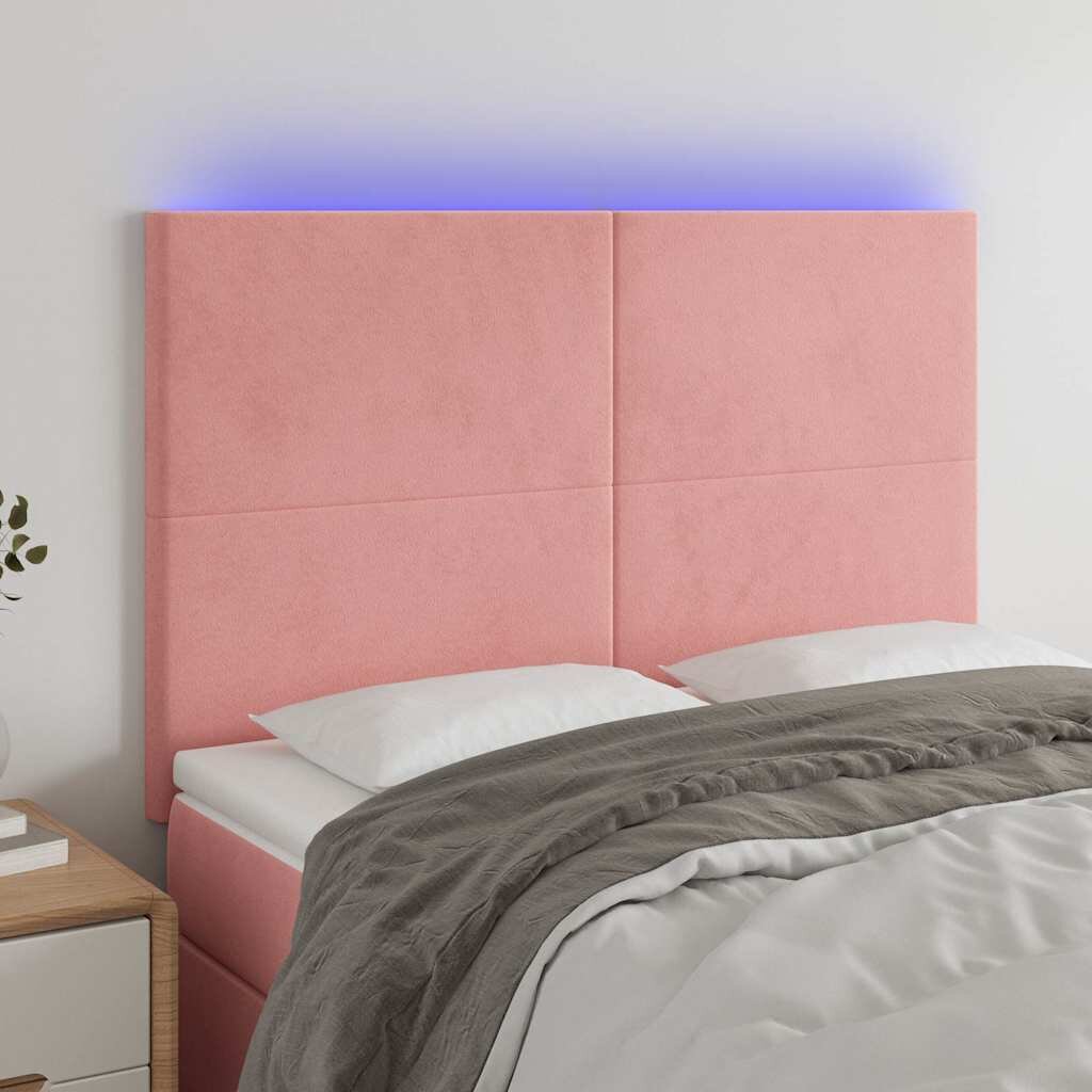 vidaXL LED горна табла за легло розова 144x5x118/128 см кадифе