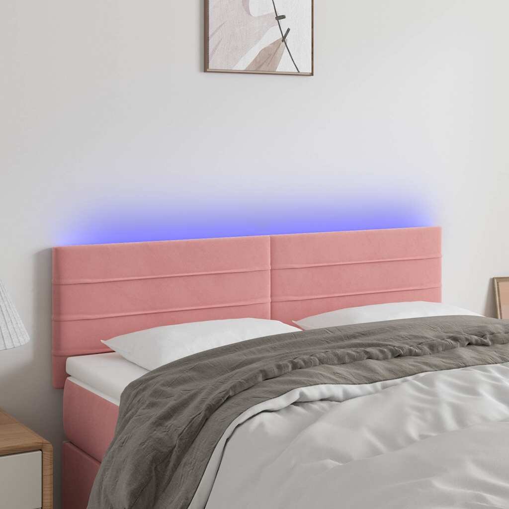 vidaXL LED горна табла за легло розова 144x5x78/88 см кадифе
