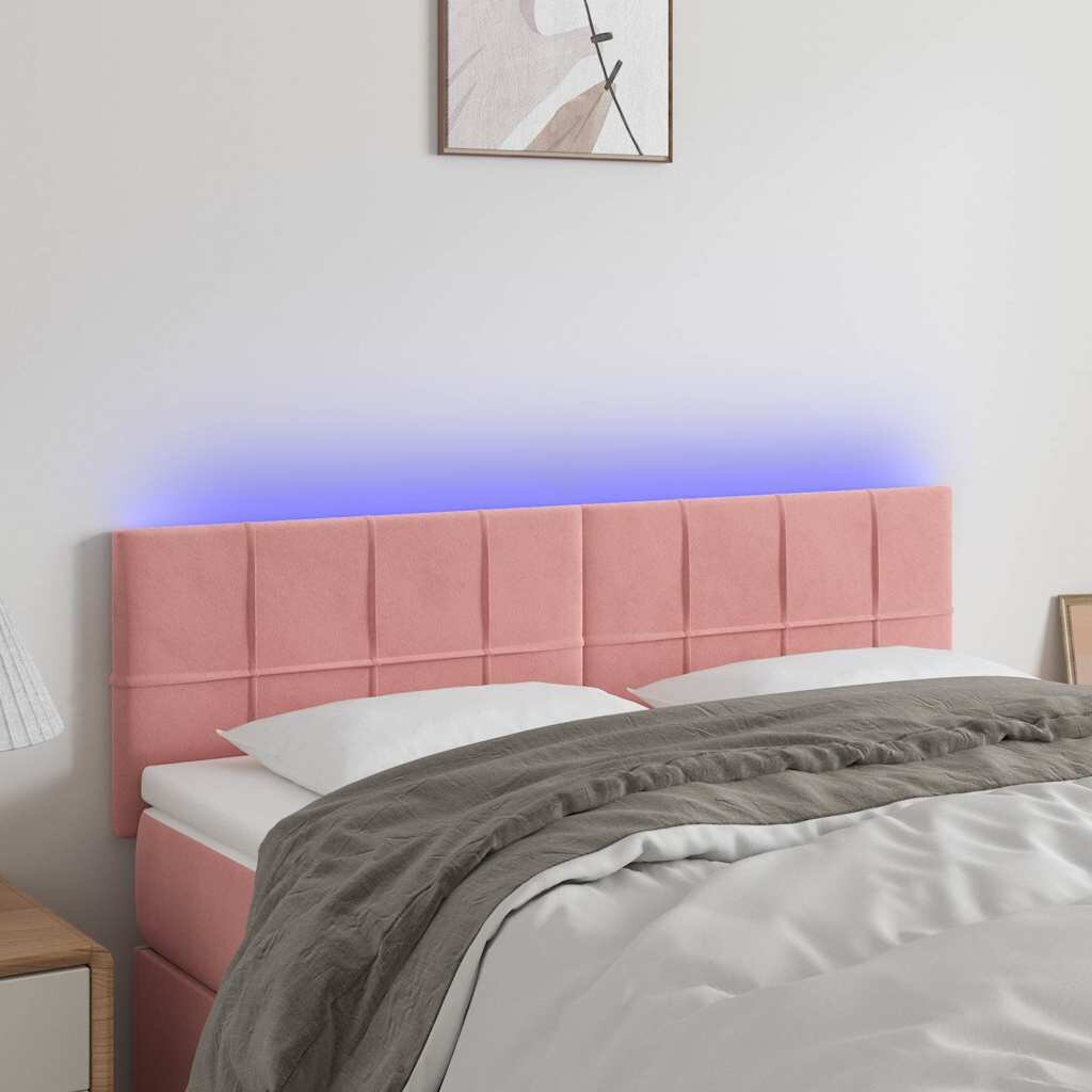 vidaXL LED горна табла за легло розова 144x5x78/88 см кадифе