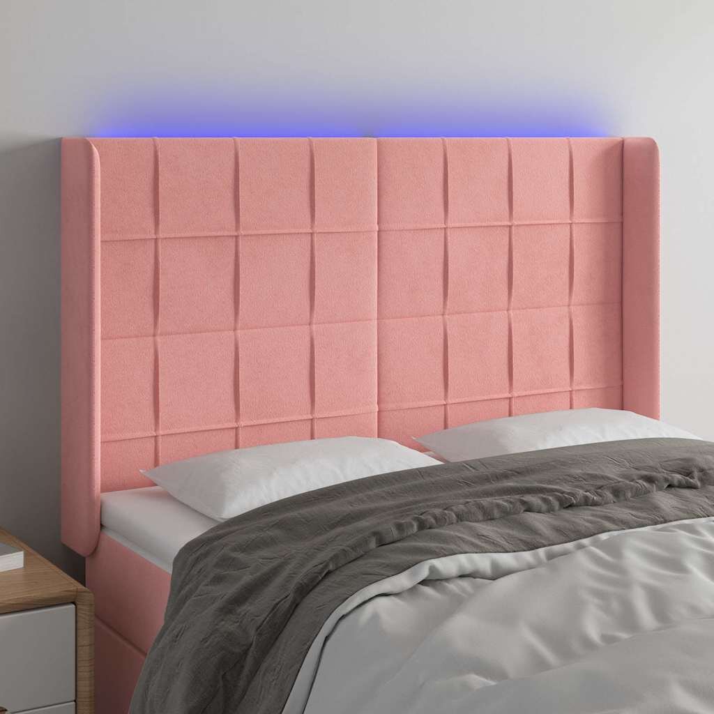 vidaXL LED горна табла за легло розова 147x16x118/128 см кадифе