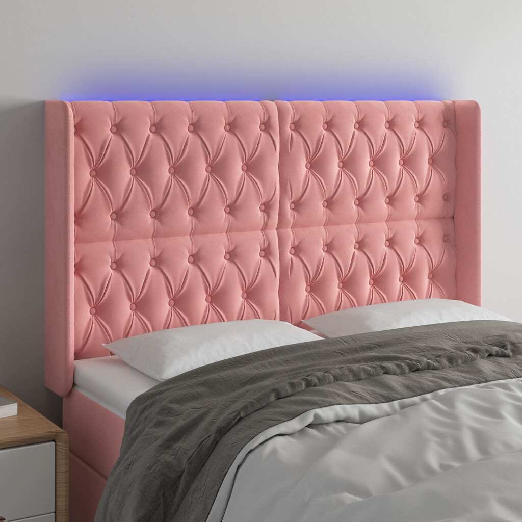 vidaXL LED горна табла за легло розова 147x16x118/128 см кадифе