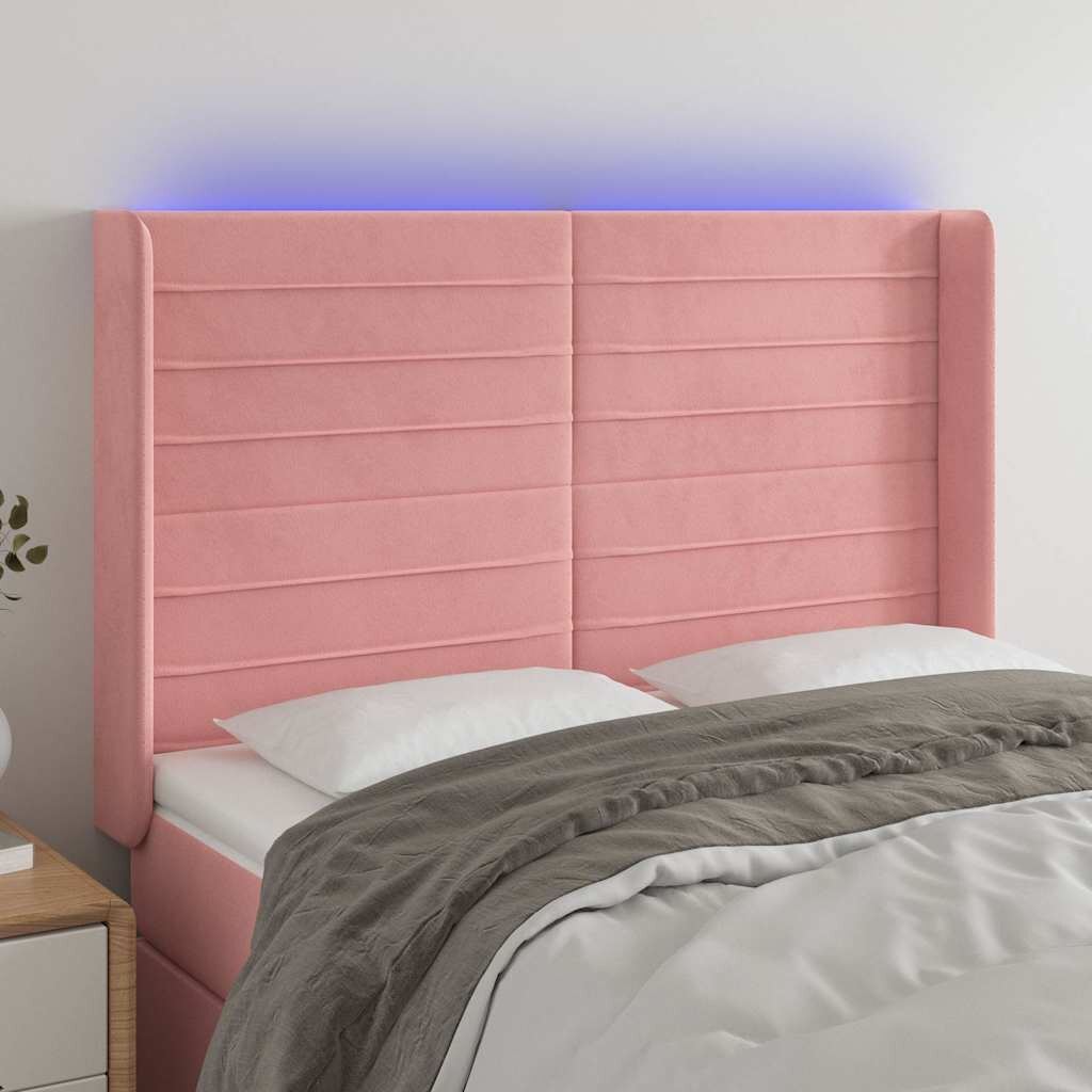 vidaXL LED горна табла за легло розова 147x16x118/128 см кадифе