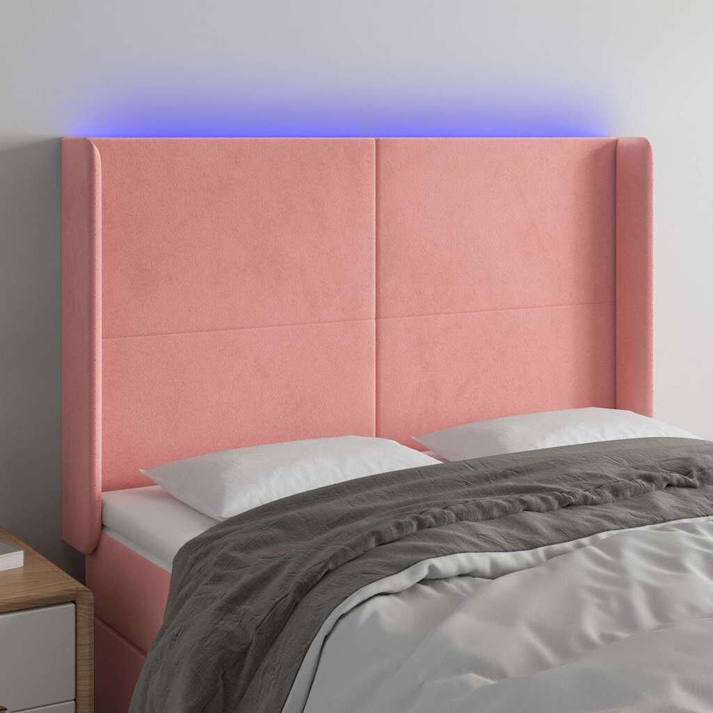 vidaXL LED горна табла за легло розова 147x16x118/128 см кадифе