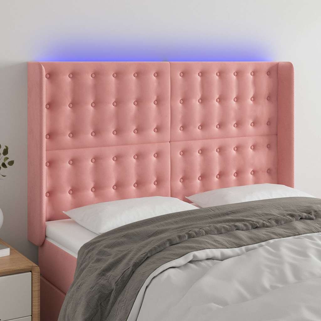 vidaXL LED горна табла за легло розова 147x16x118/128 см кадифе