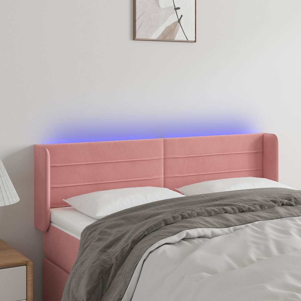 vidaXL LED горна табла за легло розова 147x16x78/88 см кадифе