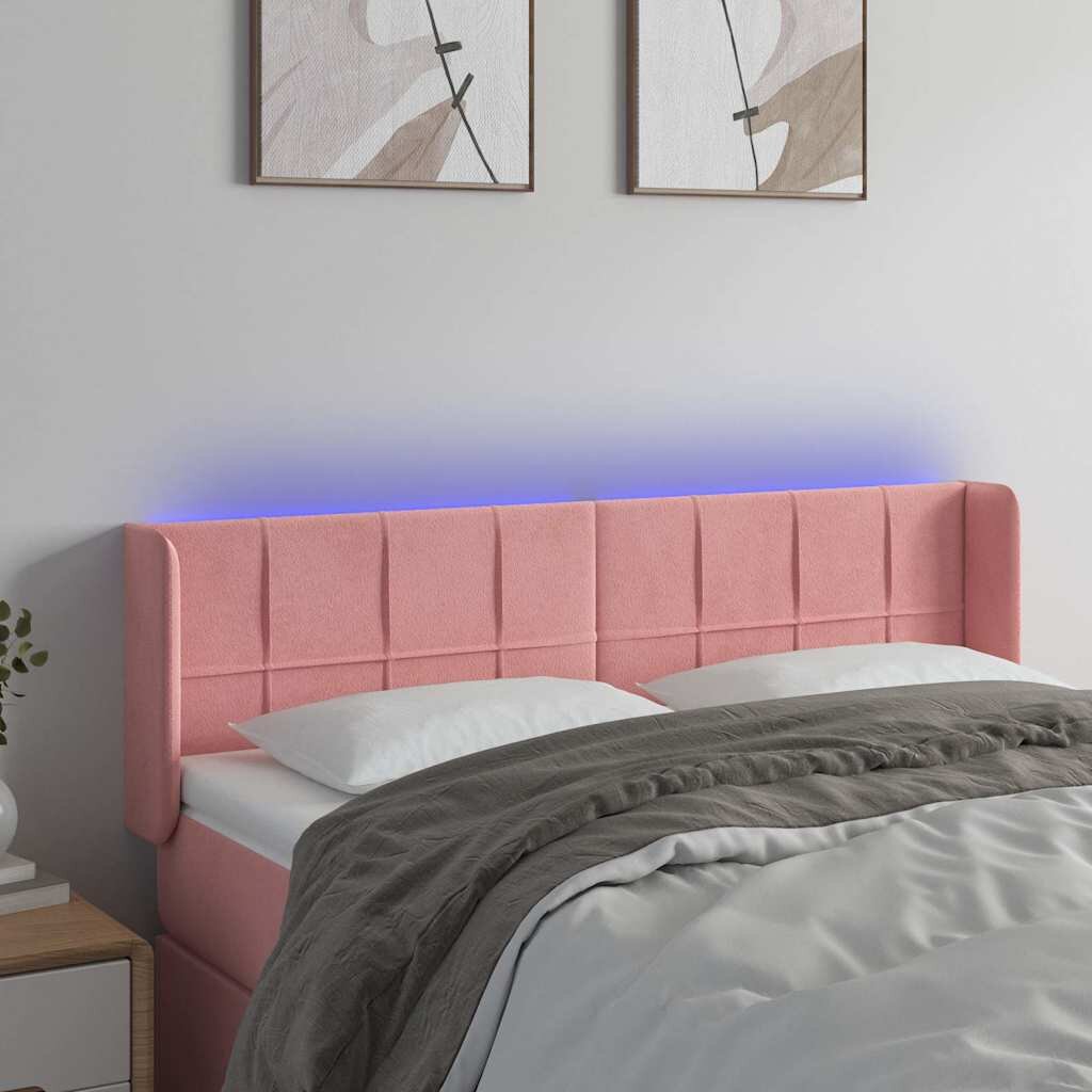 vidaXL LED горна табла за легло розова 147x16x78/88 см кадифе