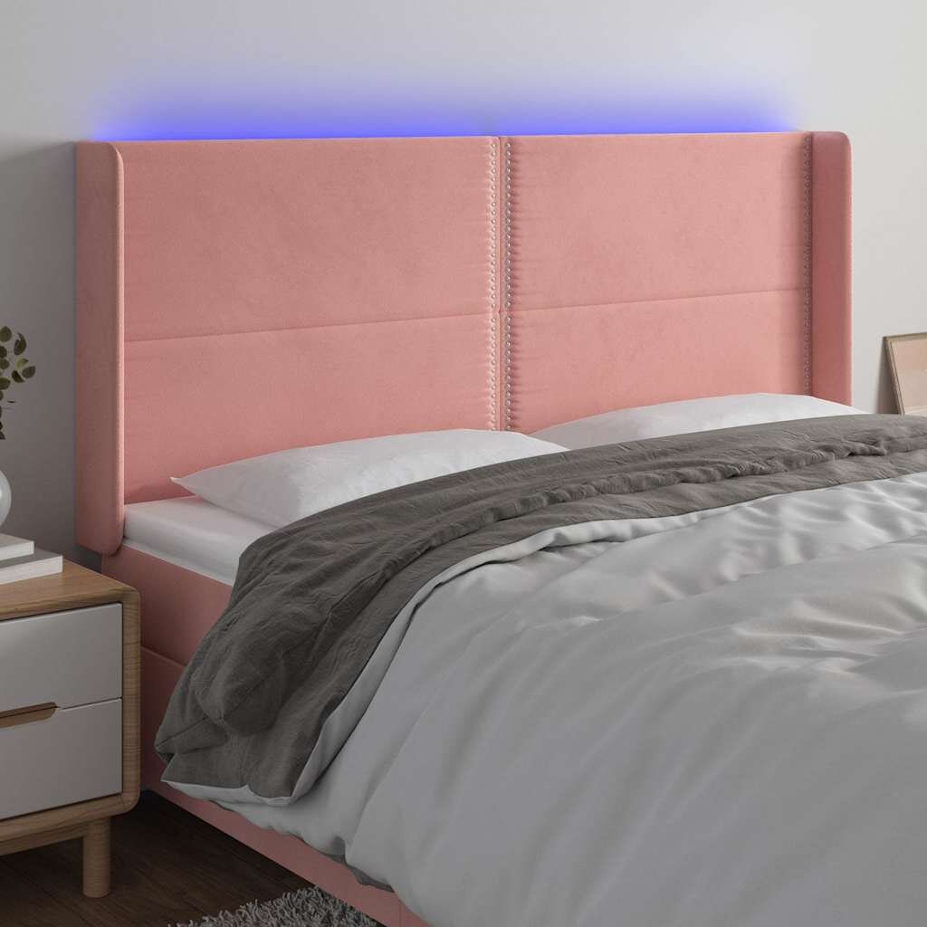 vidaXL LED горна табла за легло розова 163x16x118/128 см кадифе