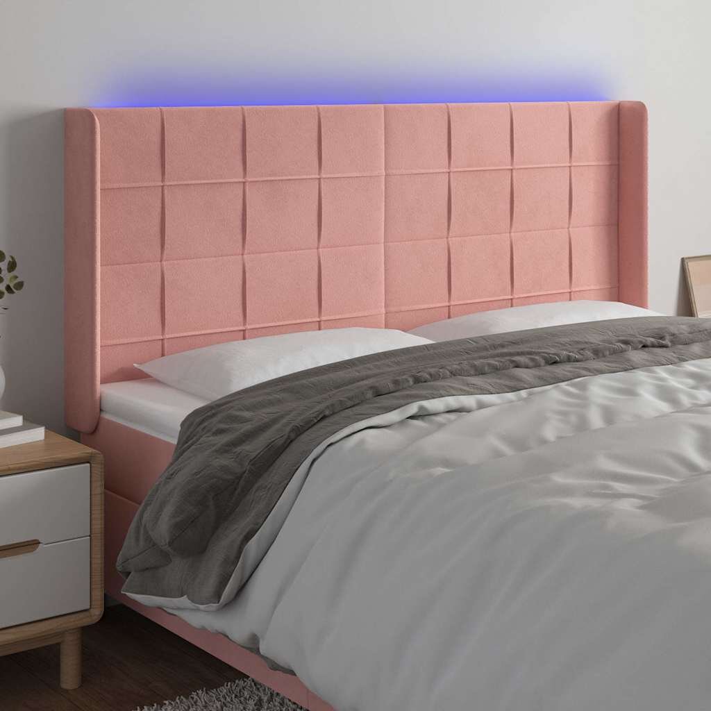 vidaXL LED горна табла за легло розова 183x16x118/128 см кадифе