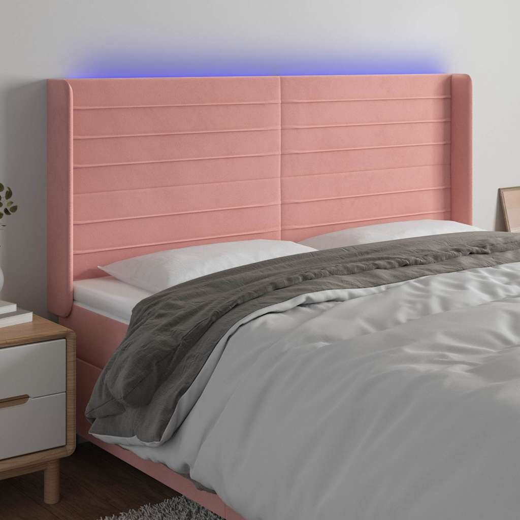 vidaXL LED горна табла за легло розова 183x16x118/128 см кадифе