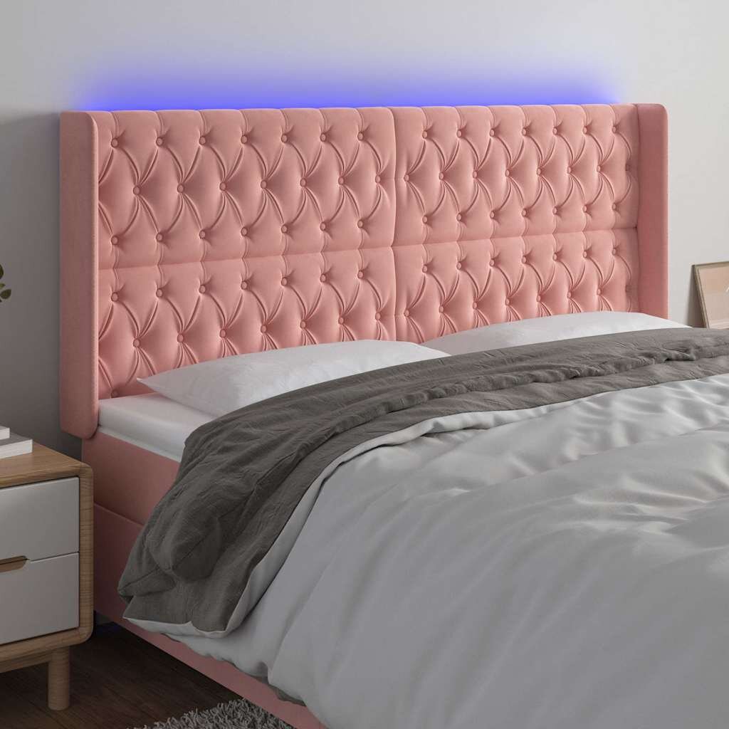 vidaXL LED горна табла за легло розова 183x16x118/128 см кадифе