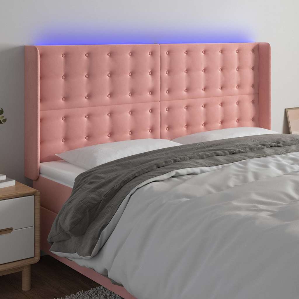 vidaXL LED горна табла за легло розова 183x16x118/128 см кадифе