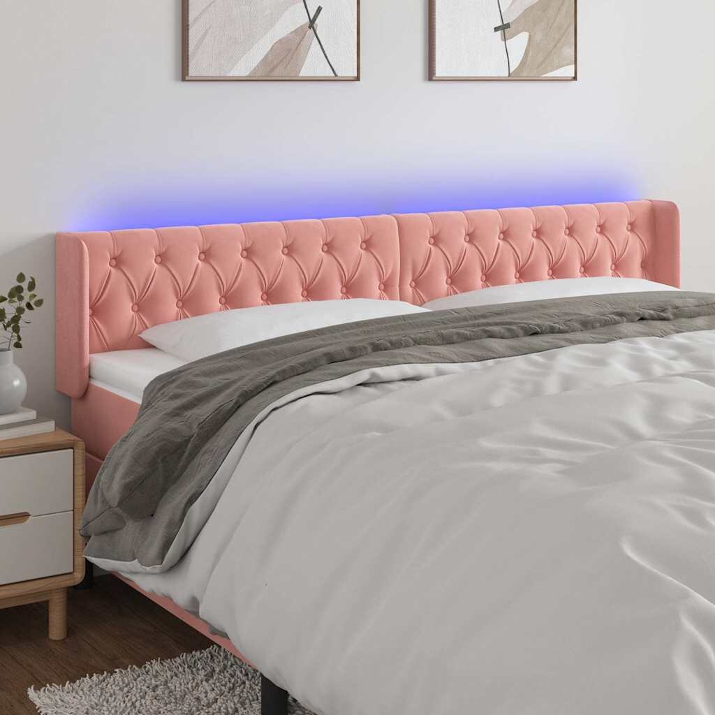 vidaXL LED горна табла за легло розова 183x16x78/88 см кадифе
