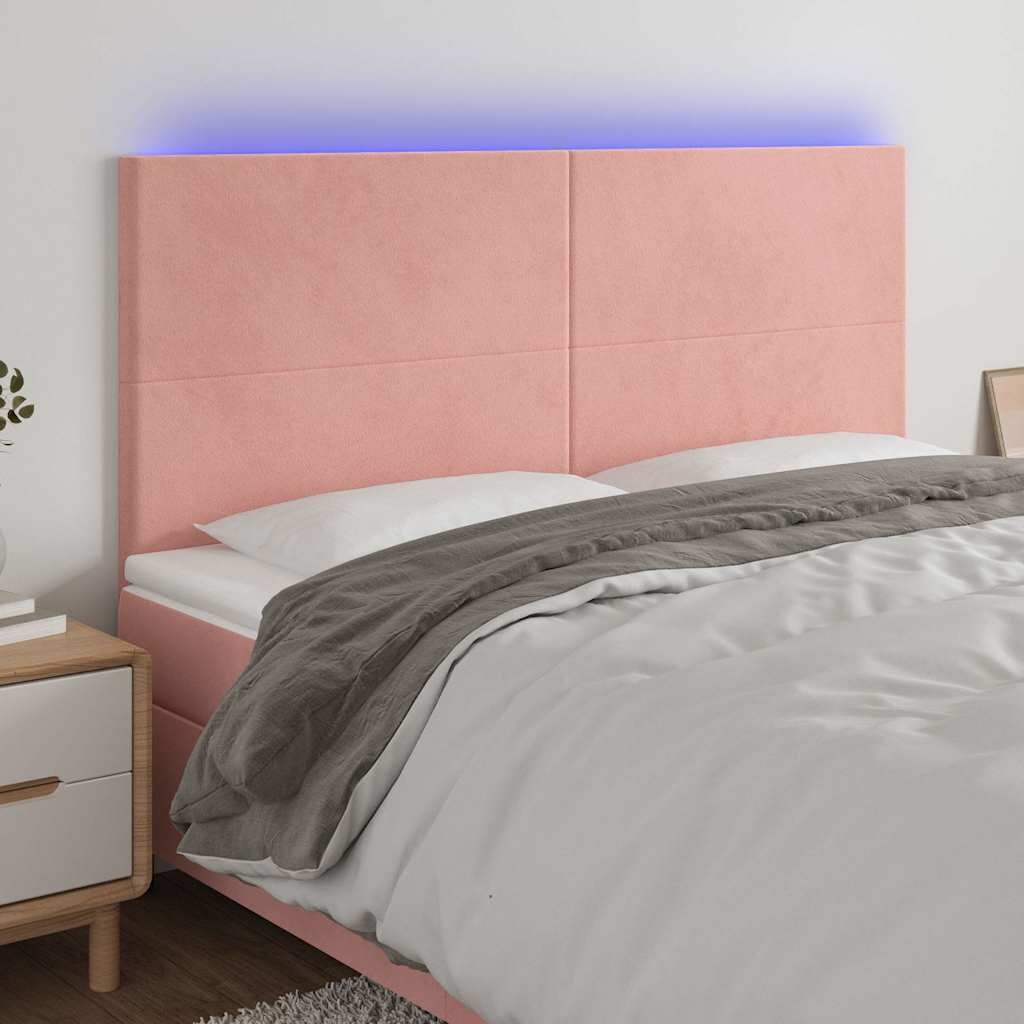 vidaXL LED горна табла за легло розова 200x5x118/128 см кадифе