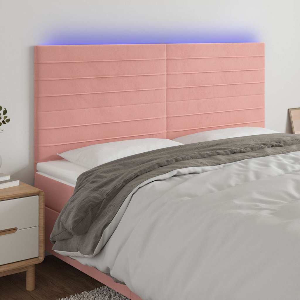 vidaXL LED горна табла за легло розова 200x5x118/128 см кадифе