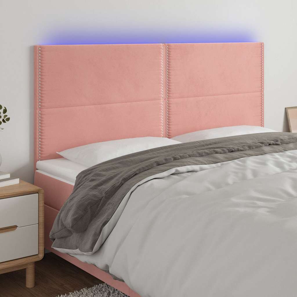 vidaXL LED горна табла за легло розова 200x5x118/128 см кадифе