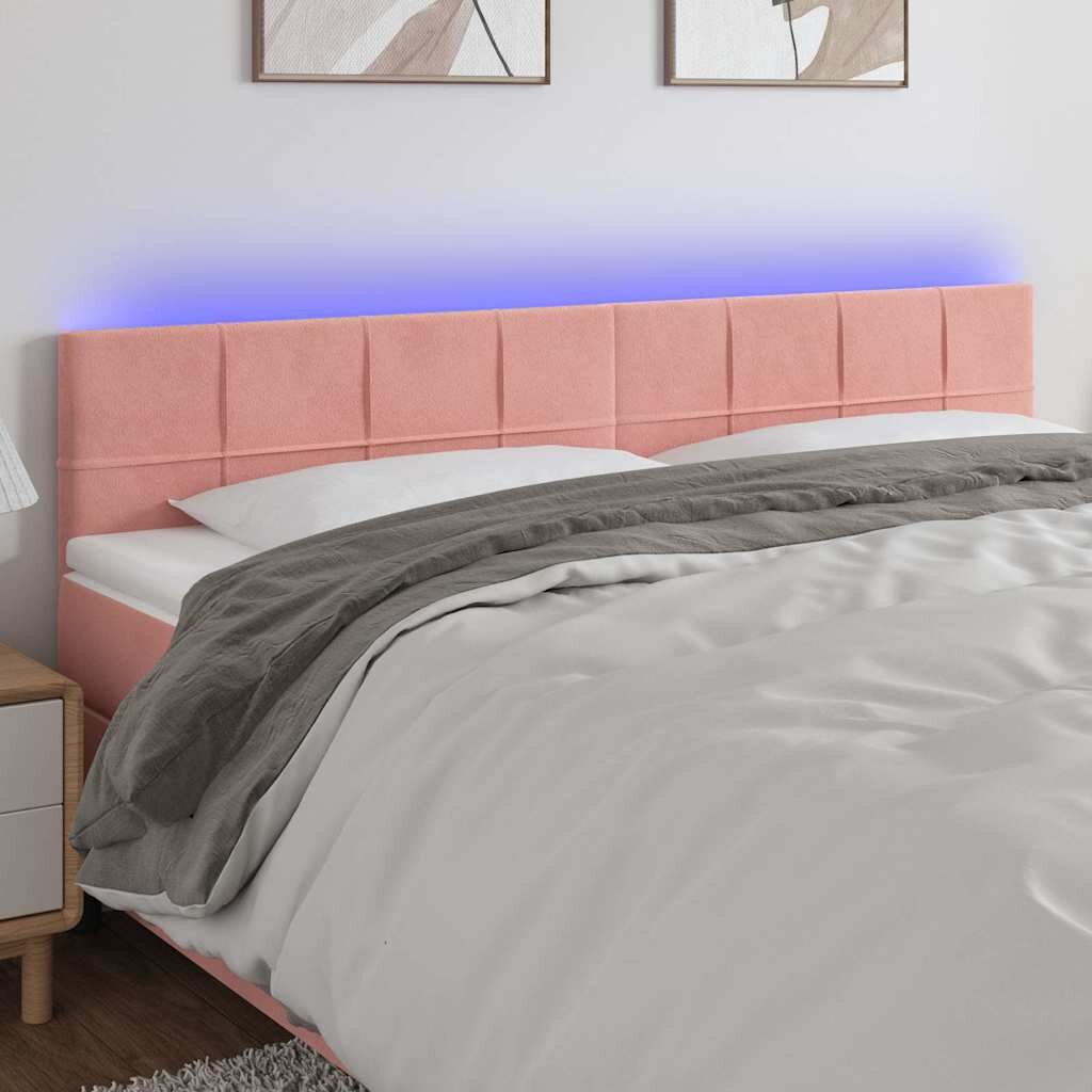 vidaXL LED горна табла за легло розова 200x5x78/88 см кадифе