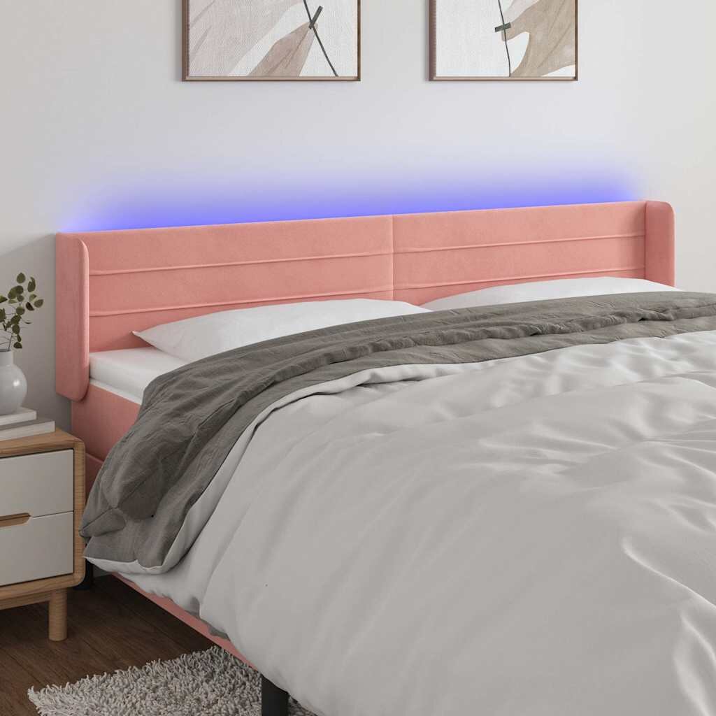 vidaXL LED горна табла за легло розова 203x16x78/88 см кадифе