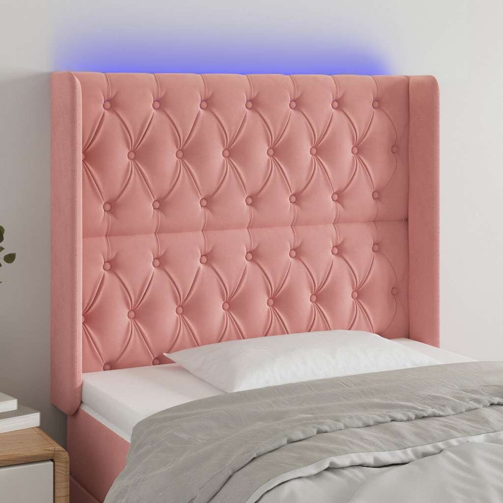 vidaXL LED горна табла за легло розова 93x16x118/128 см кадифе