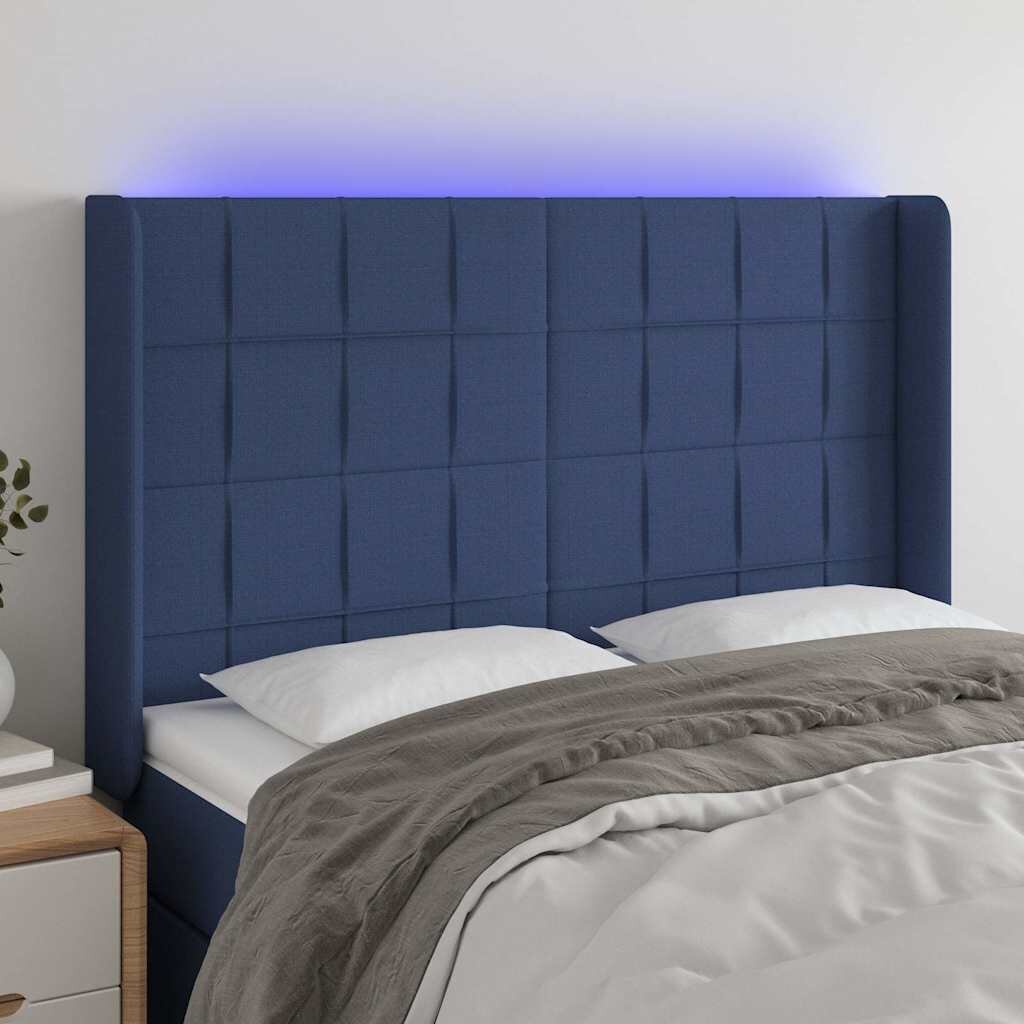 vidaXL LED горна табла за легло синя 147x16x118/128 см плат