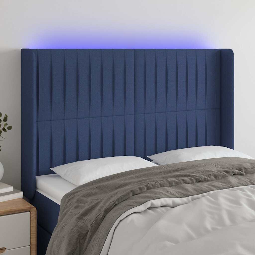 vidaXL LED горна табла за легло синя 147x16x118/128 см плат