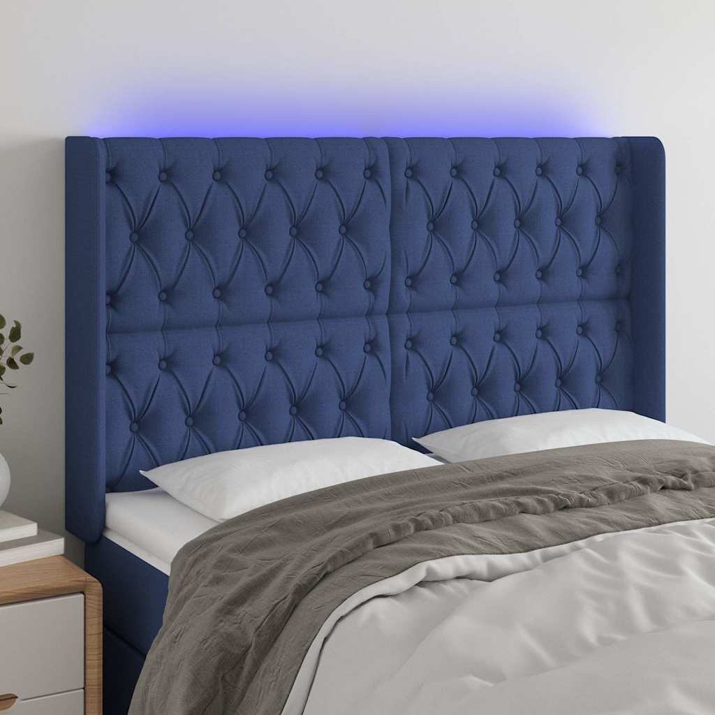 vidaXL LED горна табла за легло синя 163x16x118/128 см плат