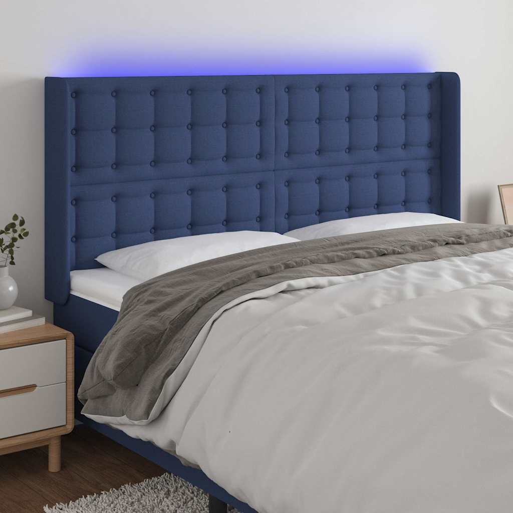 vidaXL LED горна табла за легло синя 203x16x118/128 см плат