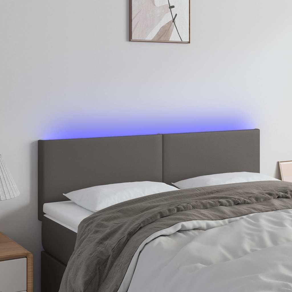 vidaXL LED Горна табла за легло сива 144x5x78/88 см изкуствена кожа