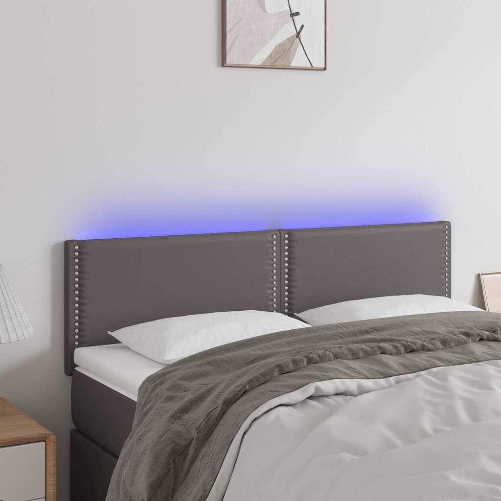 vidaXL LED Горна табла за легло сива 144x5x78/88 см изкуствена кожа