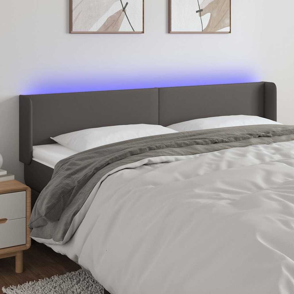 vidaXL LED горна табла за легло сива 183x16x78/88см изкуствена кожа