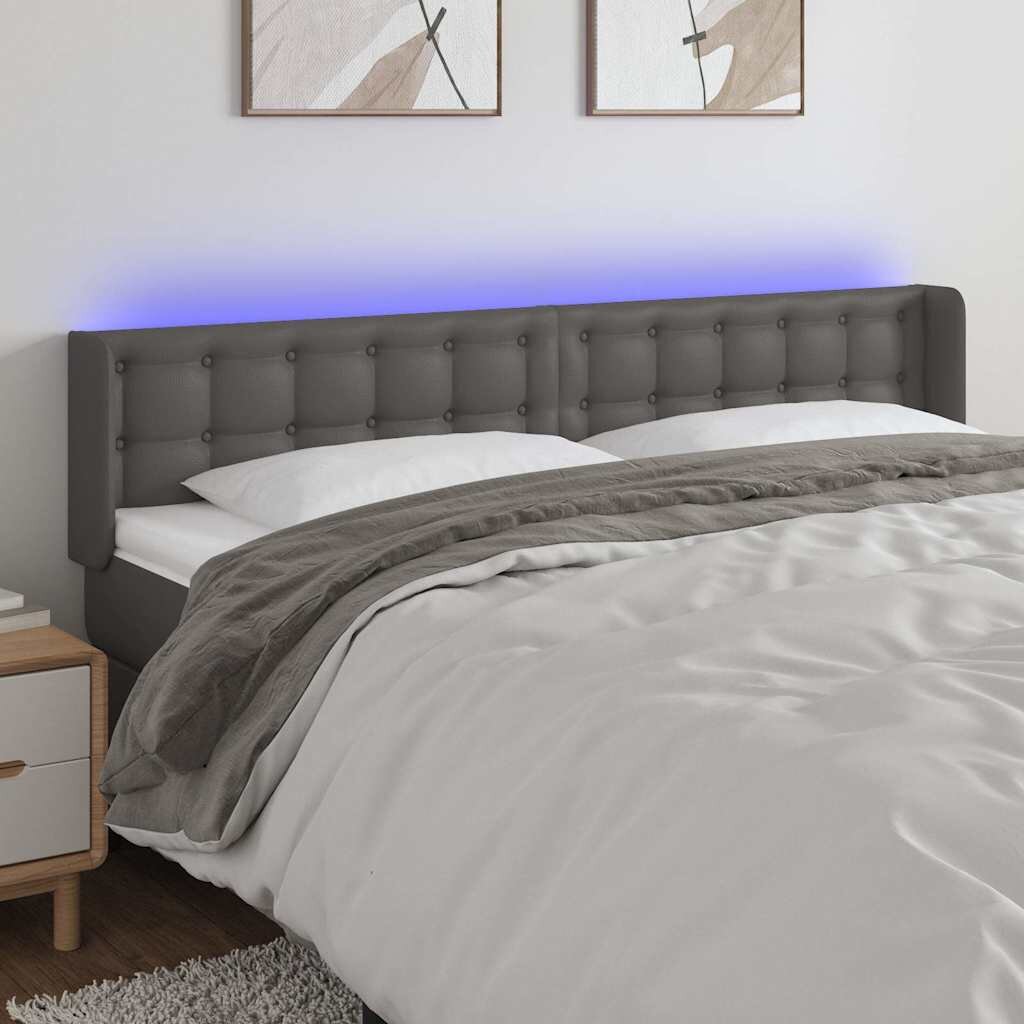 vidaXL LED горна табла за легло сива 183x16x78/88см изкуствена кожа