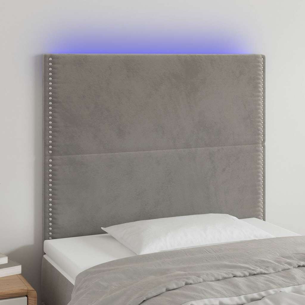 vidaXL LED горна табла за легло светлосива 100x5x118/128 см кадифе