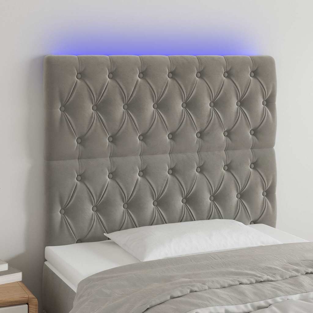 vidaXL LED горна табла за легло светлосива 100x7x118/128 см кадифе