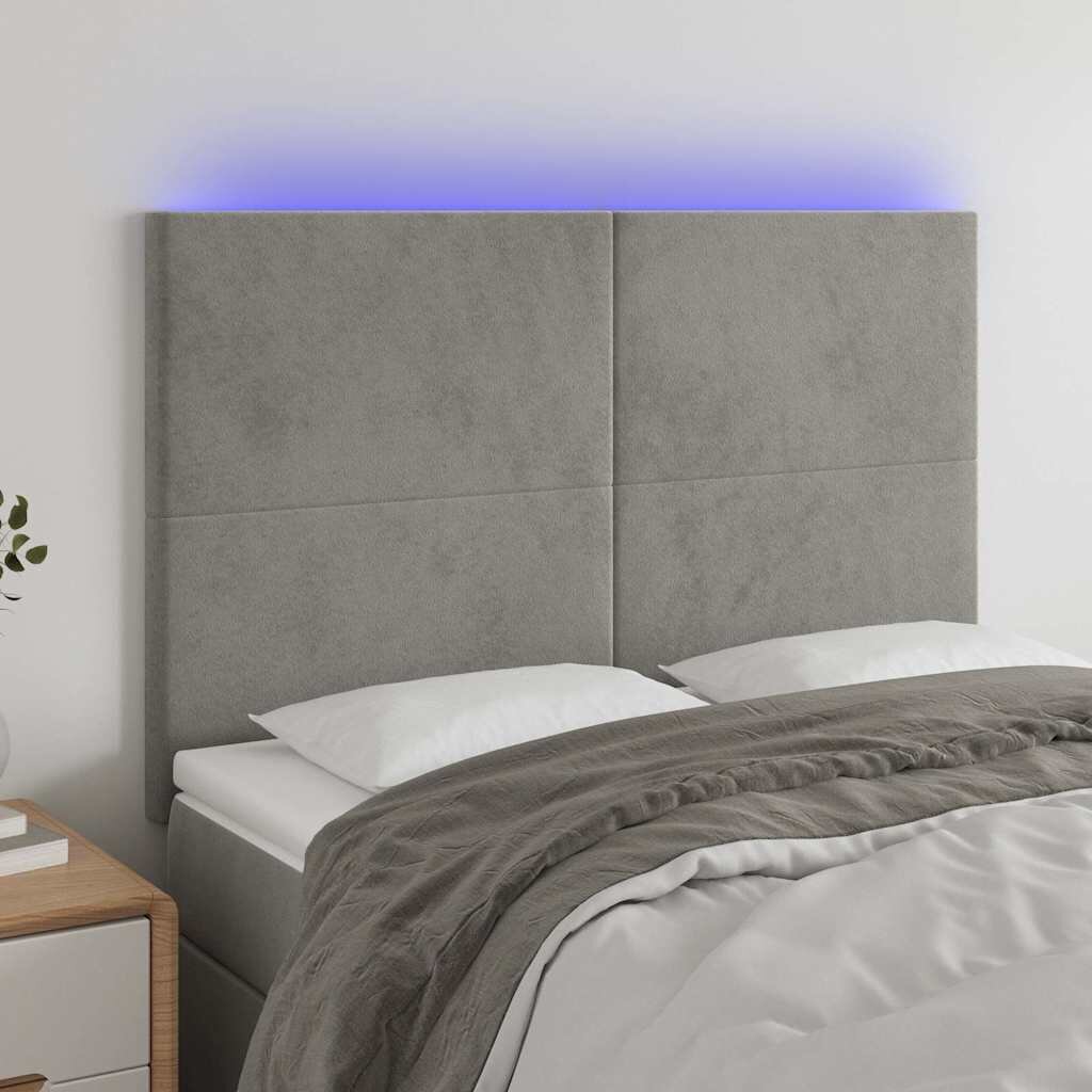 vidaXL LED горна табла за легло светлосива 144x5x118/128 см кадифе
