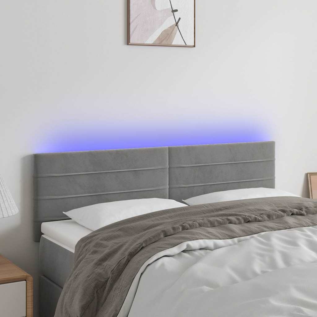 vidaXL LED горна табла за легло светлосива 144x5x78/88 см кадифе