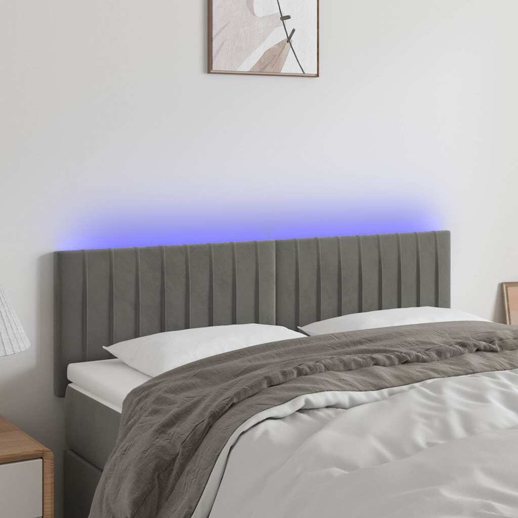 vidaXL LED горна табла за легло светлосива 144x5x78/88 см кадифе