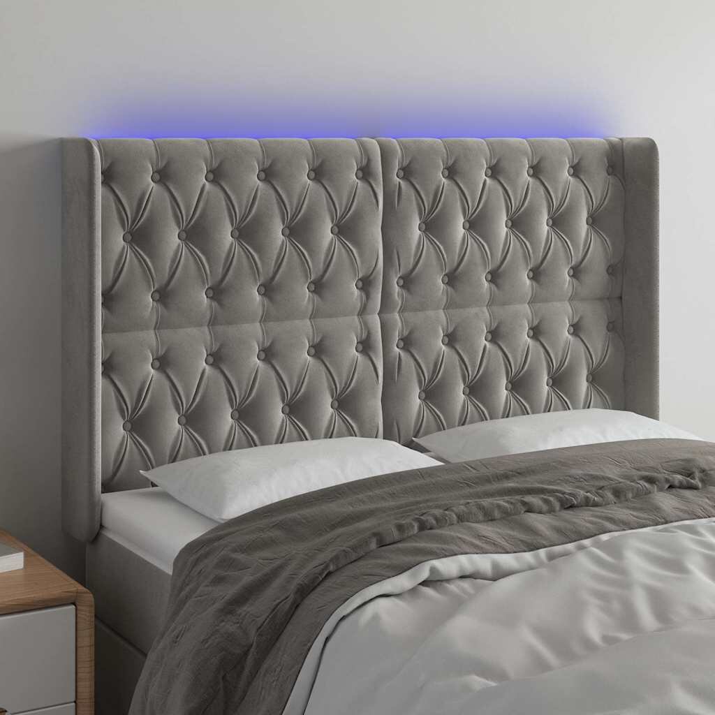 vidaXL LED горна табла за легло светлосива 147x16x118/128 см кадифе