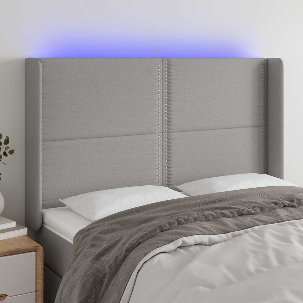 vidaXL LED горна табла за легло светлосива 147x16x118/128 см плат