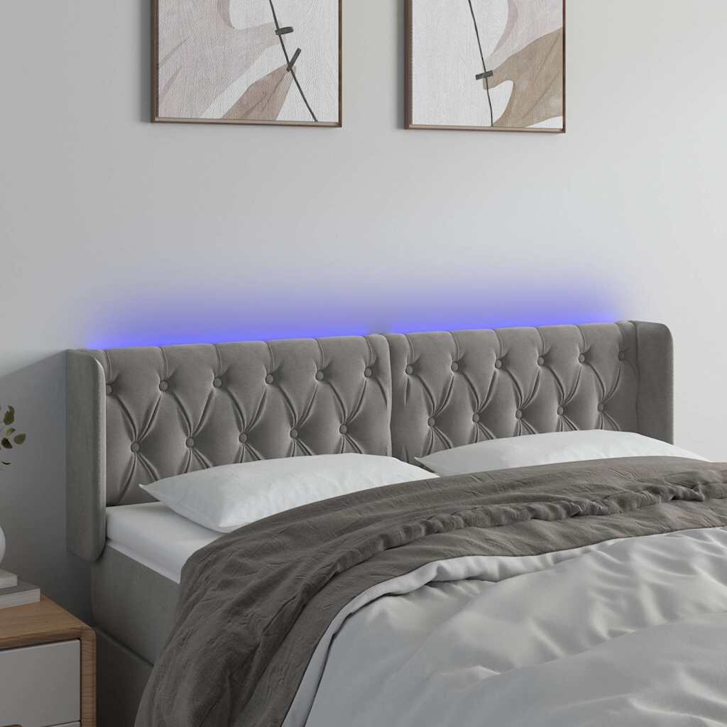 vidaXL LED горна табла за легло светлосива 147x16x78/88 см кадифе