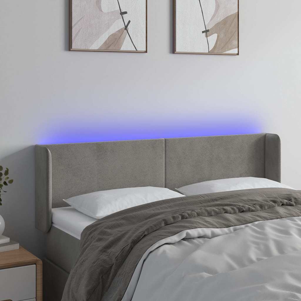 vidaXL LED горна табла за легло светлосива 147x16x78/88 см кадифе