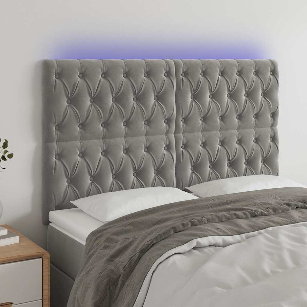 vidaXL LED горна табла за легло светлосива 160x7x118/128 см кадифе