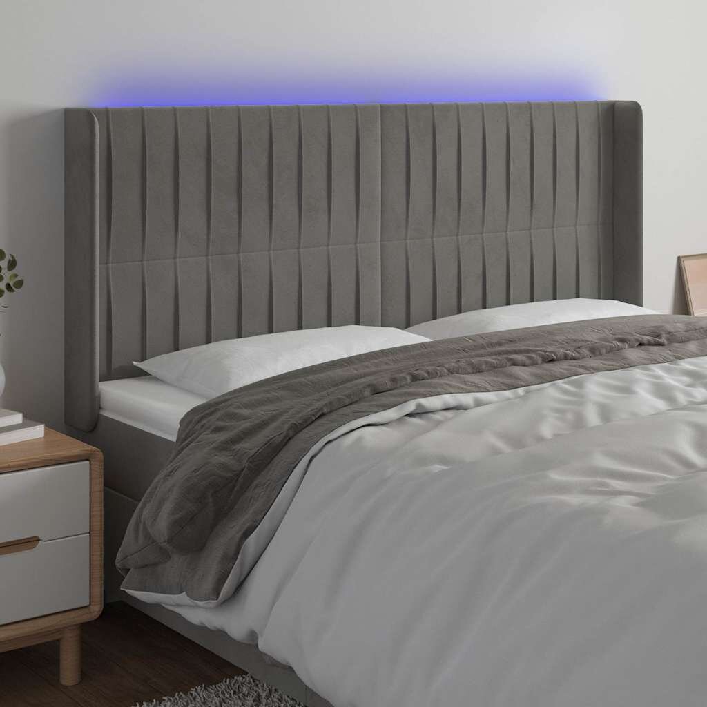 vidaXL LED горна табла за легло светлосива 163x16x118/128 см кадифе