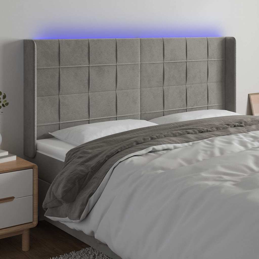 vidaXL LED горна табла за легло светлосива 163x16x118/128 см кадифе