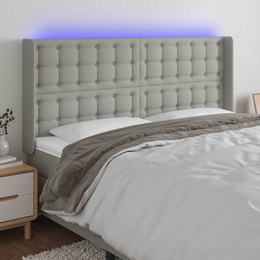 vidaXL LED горна табла за легло светлосива 163x16x118/128 см плат
