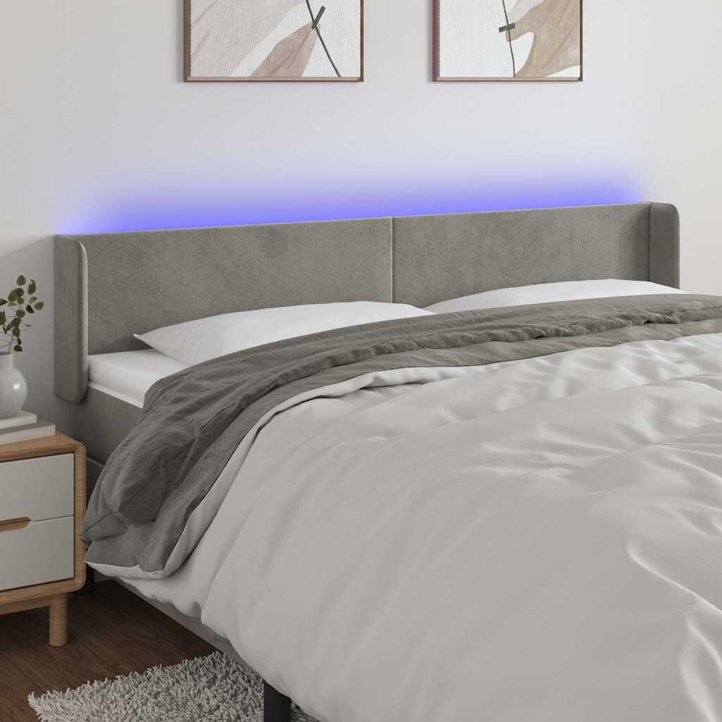 vidaXL LED горна табла за легло светлосива 163x16x78/88 см кадифе