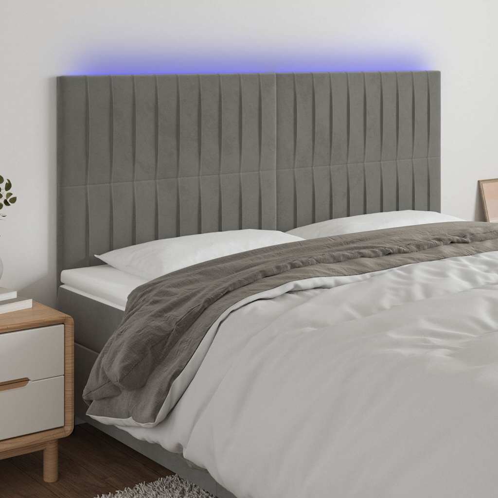 vidaXL LED горна табла за легло светлосива 180x5x118/128 см кадифе