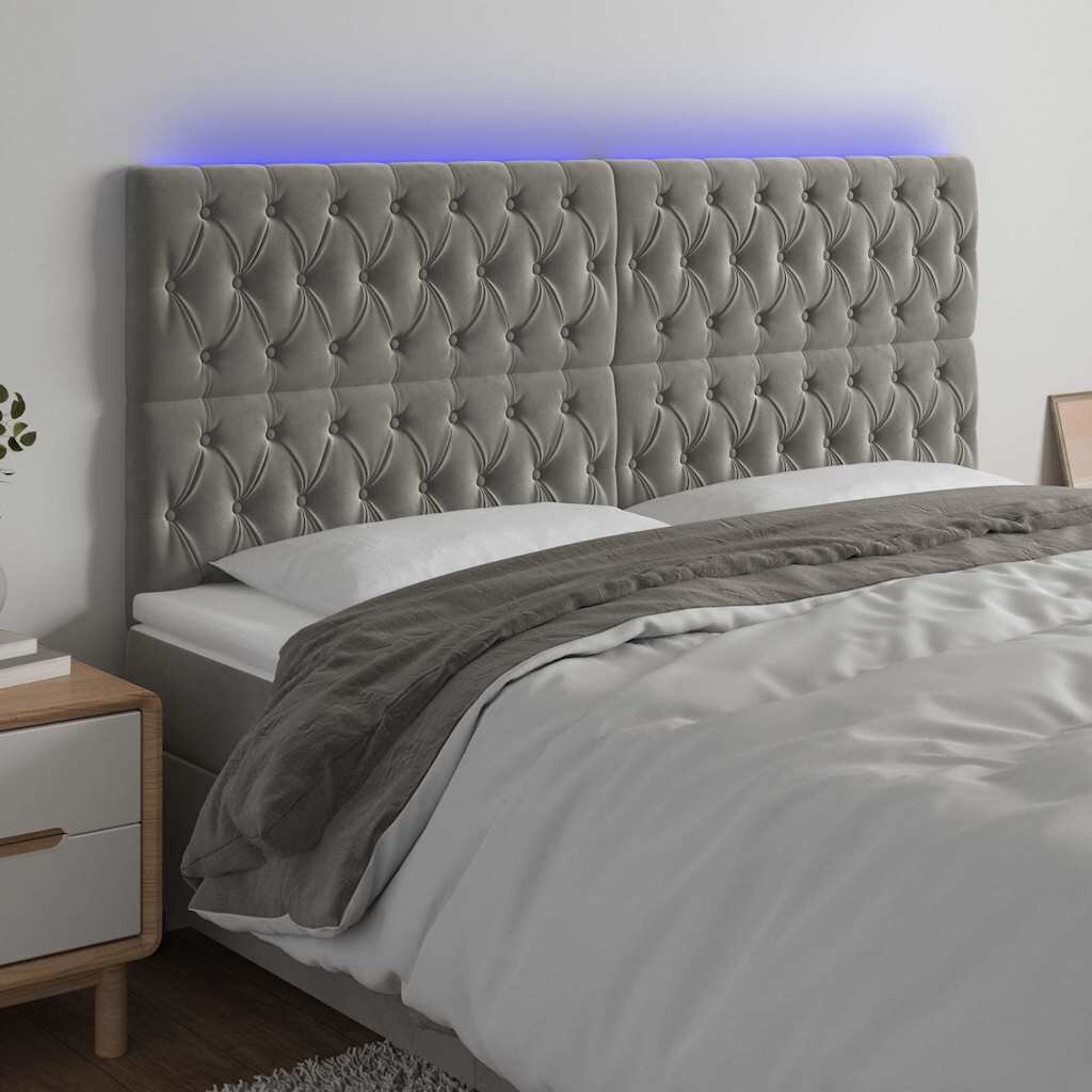 vidaXL LED горна табла за легло светлосива 180x7x118/128 см кадифе